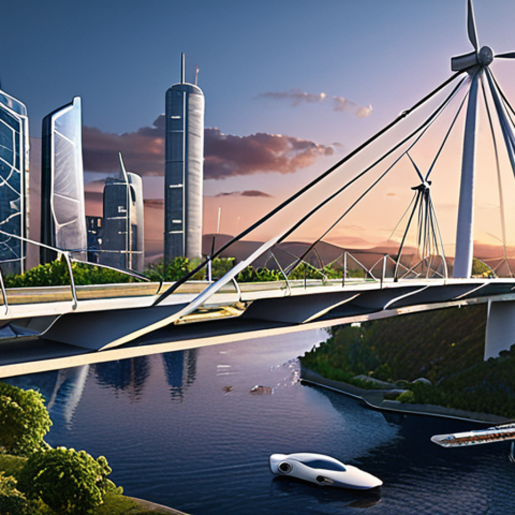 **

*Prompt:* A futuristic, sustainable city skyline at dusk. Show a bridge made with recycled materials and wind turbines integrated into the buildings. Highlight smart sensors monitoring the bridge's structure. Focus on a blend of nature and modern architecture.

**