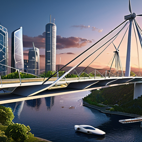 Home 4 **
*Prompt:* A futuristic, sustainable city skyline at dusk. Show a bridge made with recycled materials and wind turbines integrated into the buildings. Highlight smart sensors monitoring the bridge's structure. Focus on a blend of nature and modern architecture.
**