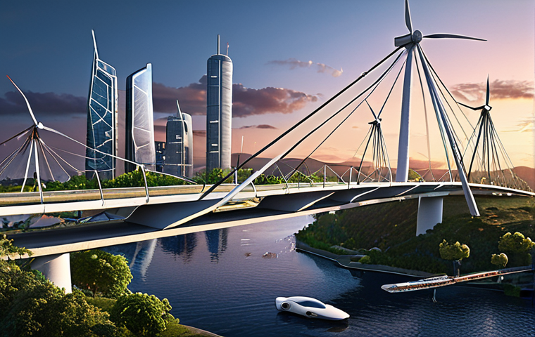 **
*Prompt:* A futuristic, sustainable city skyline at dusk. Show a bridge made with recycled materials and wind turbines integrated into the buildings. Highlight smart sensors monitoring the bridge's structure. Focus on a blend of nature and modern architecture.
**