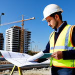 **

A professional civil engineer, fully clothed in appropriate work attire (hard hat, safety vest), examining blueprints at a construction site in Madrid, Spain. Background includes modern buildings under construction and clear blue sky. Perfect anatomy, correct proportions, natural pose, safe for work, appropriate content, professional, modest.

**