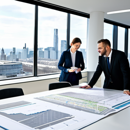 Home 23 토목공학에서의 설계와 시공 차이 - Design Perspective**
"Architect in a bright, modern office, reviewing blueprints with colleagues. L...