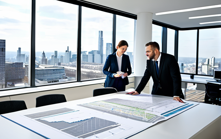 토목공학에서의 설계와 시공 차이 - Design Perspective**
"Architect in a bright, modern office, reviewing blueprints with colleagues. L...