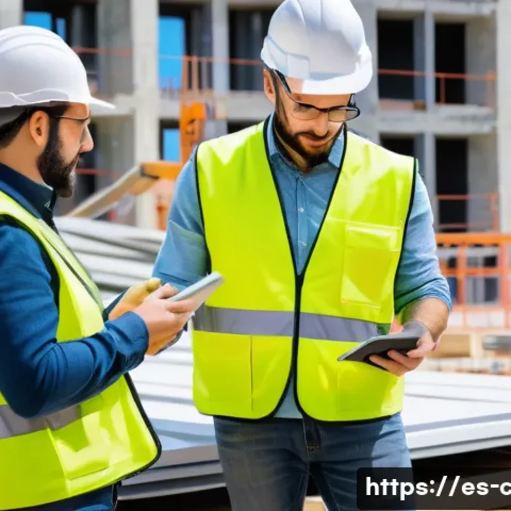 토목기사 필기시험에서 자주 출제되는 문제 - A detailed construction site in Spain showing civil engineers and workers collaborating on a modern ...