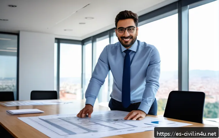 토목공학자의 연봉 협상 성공 사례 - A confident Spanish civil engineer in professional attire, standing in a modern office with architec...
