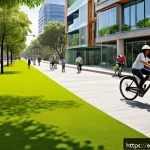 Home 18 토목공학 현장에서의 기후변화 대응 - A modern urban park in a vibrant Latin American city, showcasing sustainable green technology integr...