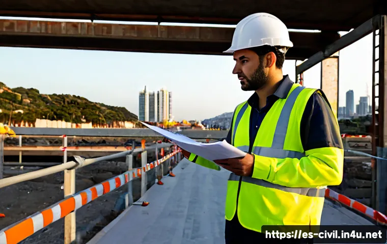 Home 17 토목공학 실무에서의 윤리적 책임 - Photorealistic civil engineer in a yellow safety vest and hard hat standing at a Spanish-language co...