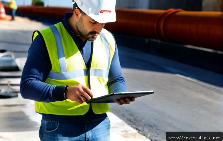 토목공학 현장에서의 시간 관리 - Photorealistic civil engineering project manager at a large urban roadwork site in a Spanish-speakin...